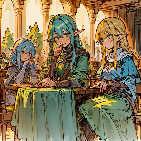 Inside of cozy tavern, POV, (Wooden table in front of you, 3 people sitting at one table) 3 girls, mage[Green hair, shy] , elf archer[Blonde hair, confident] and a knight[Blue hair, calm] (3 girls in great detail), all siting together, blond girl on the ri...