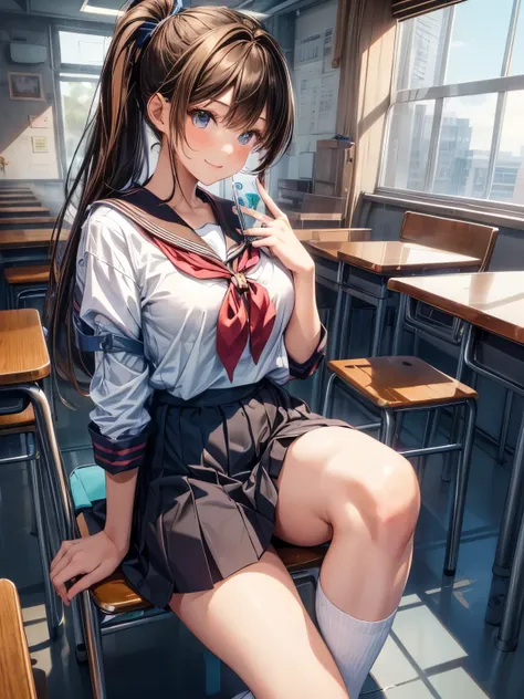 highest quality、All limbs、full finger、((one beautiful woman、solo))、((brown haired woman:1.3))、ponytail、big breasted woman、((sailor suit:1.2))、Dark blue skirt、big smile、high socks、school classroom