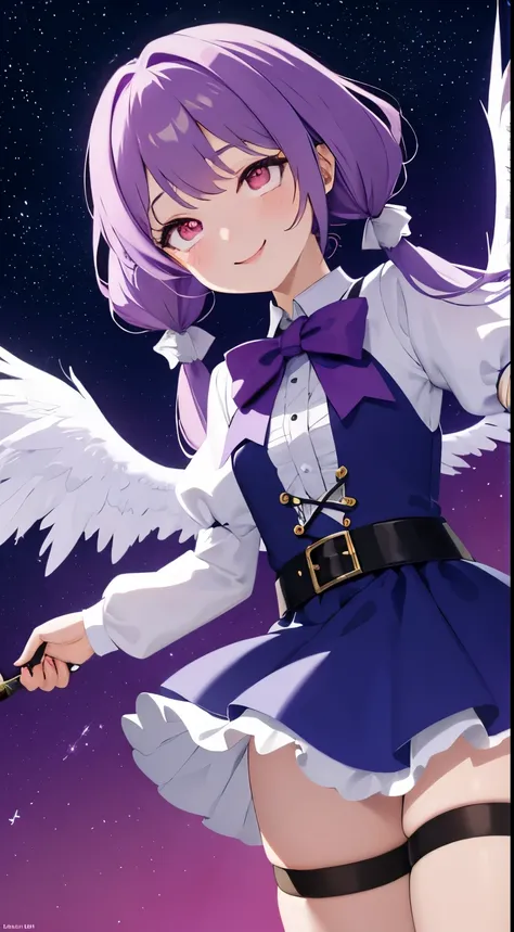 Magical girl，devil&#39;s wings，smile，angle from below，Shaded lighting，purple hair，Braid，twin tails，with full of stars，Darkness Fall，dark side，red eyes，