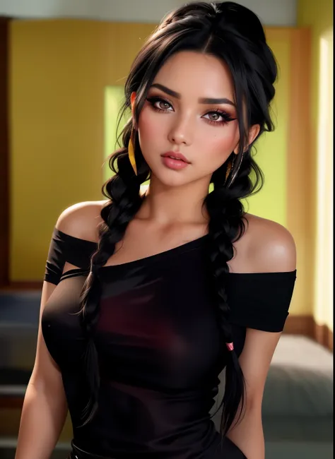 Sexy woman, black hair, single braid, seductive eyes, intense gaze, mouth parted, deep blush, flustered, beautiful face, amazing makeup, off shoulder t shirt