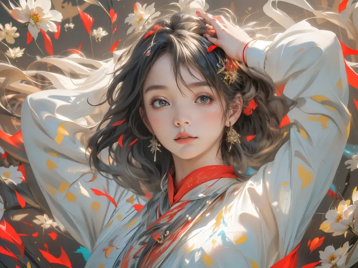 national foundation, Stroke flowers, 1 girl, alone, hanfu, archaic_Chinese_architecture, flower field, flowering, (White smoke:1.3) (lifelike:1.4), Lie on your side, mandala, twist, official art, Unified 16K wallpaper, Super detailed, Beautiful and beautif...