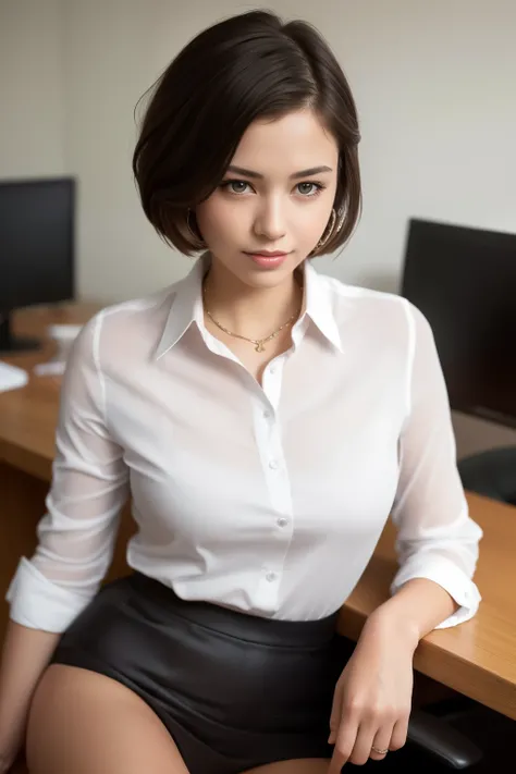 (8K, highest quality, masterpiece:1.2), (realistic, photo-realistic:1.37), super detailed, 1 girl,cute, alone,beautiful and detailed sky,Detailed Office,night,sitting,(blush your nose),(smile:1.15),(closed mouth) , medium breasts,beautiful and fine eyes,(c...