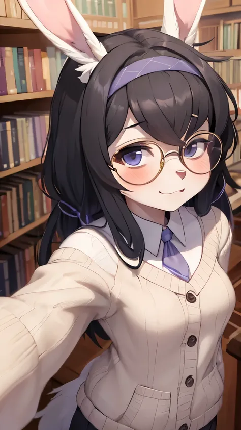 rabbit girl,black hair,black rabbit ear fur,white body fur,neck fur,smile,:3,looking at viewer,library,bookshelf,round glasses,f...