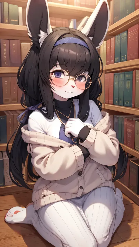 rabbit furry girl,black hair,white body fur,neck fur,shy face,looking at viewer,library,bookshelf,round glasses,full face blush,...