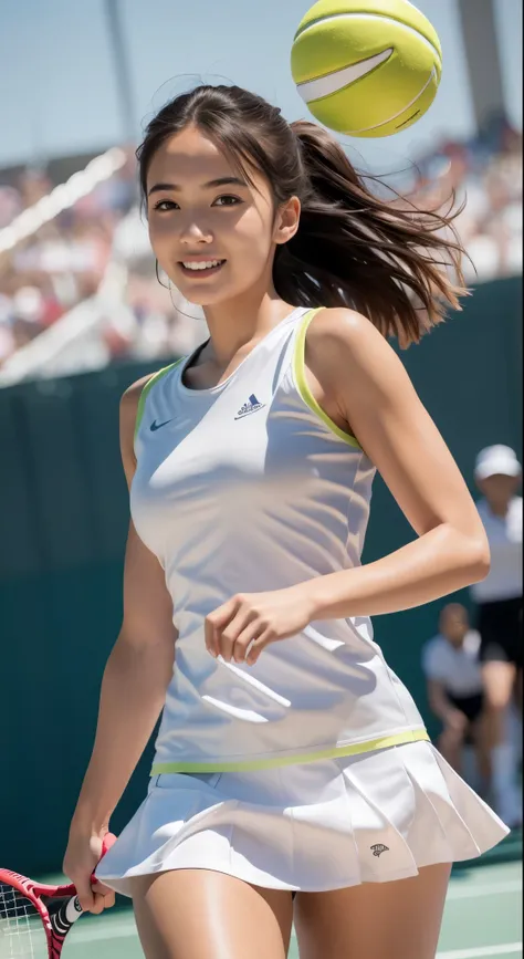 (8K, highest quality, masterpiece: 1.2), (realistic, realistic: 1.37), Super detailed, 1 girl, 20-year-old, big, beauty, cute, smile, alone, tennis wear, mini skirt, White undercoat、beautiful thighs、Beautiful camel toe、Tennis court, racket, tennis ball, (n...