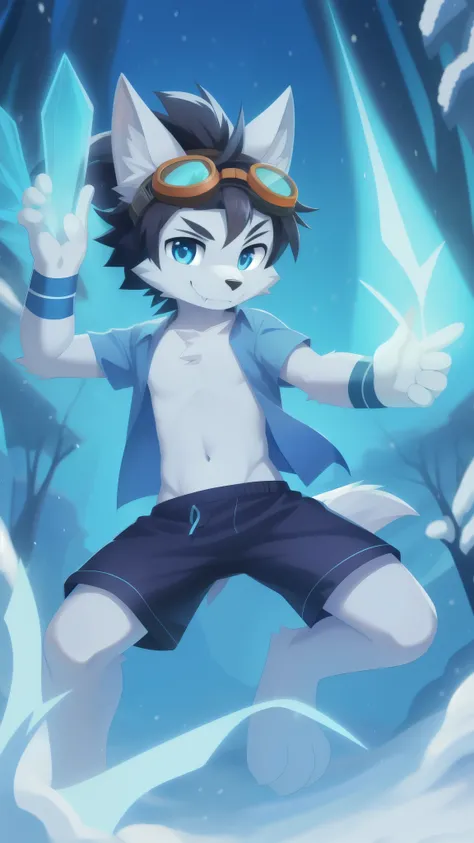 Furry shota, Young, wolf, black hair, long spiky ponytail, blue eyes, detailed body fur, (( blue hawaiian shirt, open clothes, black swim trunks, goggles)), masterpiece, looking at you, fangs, clear grey body fur, detailed face, big eyebrows, detailed eyes...