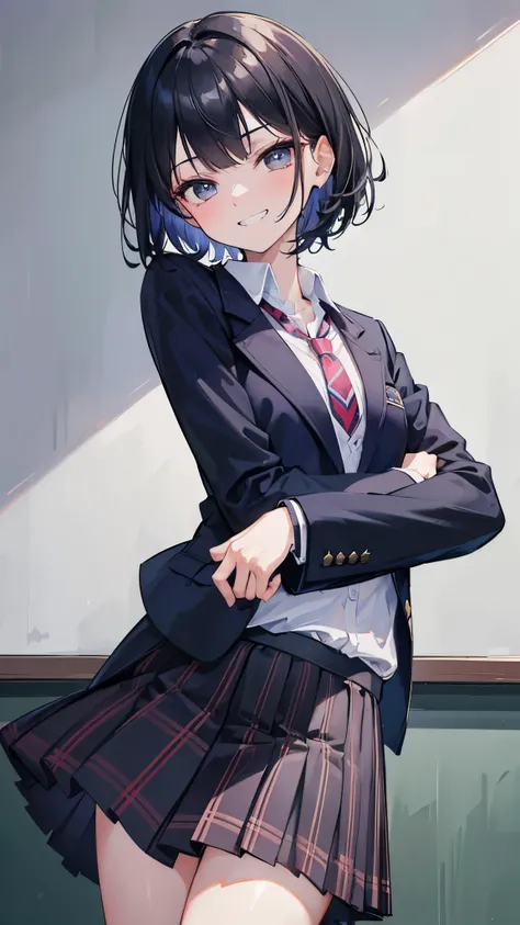 (8K、Highest image quality、highest quality、masterpiece)、detailed face、1 girl、black hair、short hair、short bangs、gray eyes、evil small、((grin))、Moderate chest、((school uniform))、navy blue blazer、shirt、tie、plaid skirt、cowboy shot、classroom background
