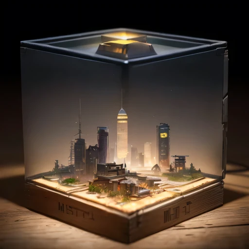 small realistic model, (bifurcation, original photo, best quality, masterpiece:1.4),SteampunkCyberpunk1916 City,(Cyberpunk light:1.3),on the table,horizon (related to land),(in a small nature box:1.3),Isometric, small nature, landscape on foundation,landsc...