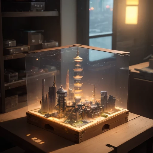 small realistic model, (bifurcation, original photo, best quality, masterpiece:1.4),SteampunkCyberpunk1916 City,(Cyberpunk light:1.3),on the table,horizon (related to land),(in a small nature box:1.3),Isometric, small nature, landscape on foundation,landsc...