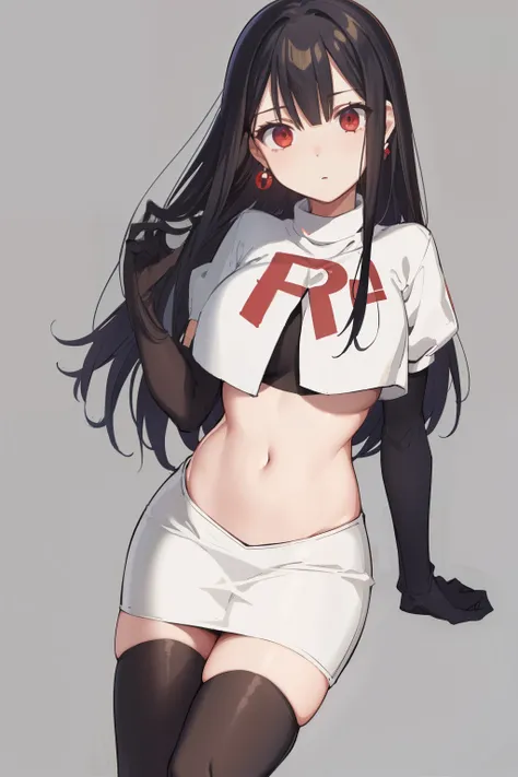 (extremely detailed CG unity 8k wallpaper),(masterpiece),(best quality),(ultra-detailed),(best illustration),(best shadow),(absurdres),1girl,solo,Chihara ,black hair, red eyes, breasts, earrings, navel, jewelry, long hair, team rocket,team rocket uniform,w...