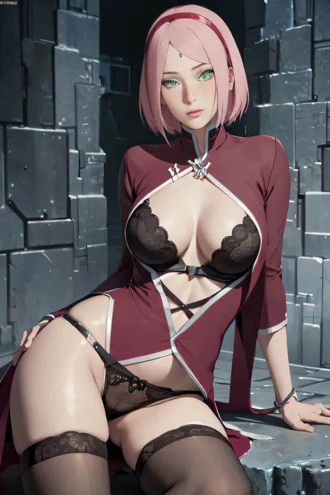 masterpiece, absurdres, sakura\(boruto\), 1girl, solo,mature female, linjerie, gothic style, gothic bra lenjerie, detailed gothi...