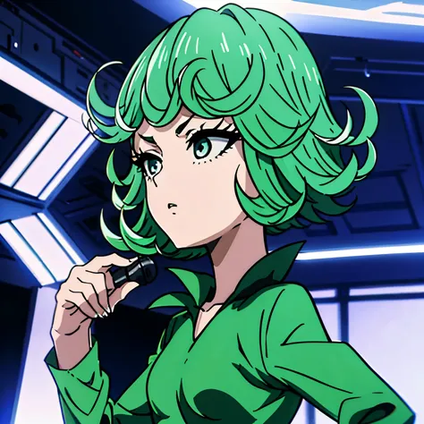 chica tatsumaki, cantando, microfono en mano, actitud fuerte,seria