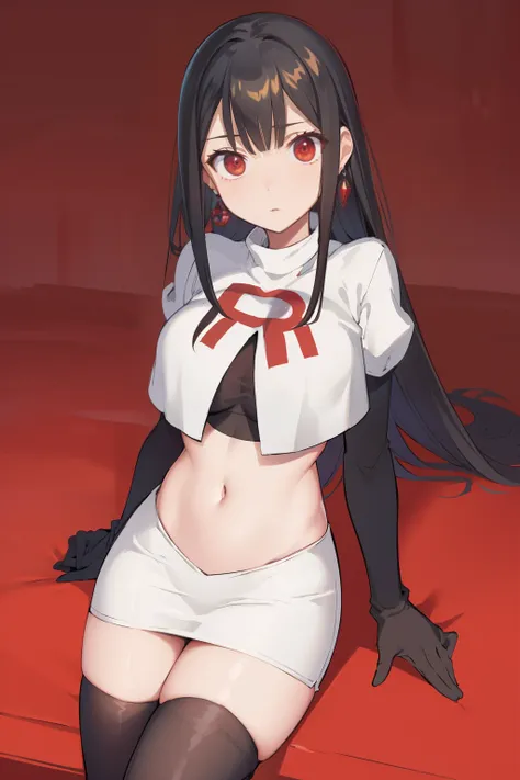 (extremely detailed CG unity 8k wallpaper),(masterpiece),(best quality),(ultra-detailed),(best illustration),(best shadow),(absurdres),1girl,solo,Chihara ,black hair, red eyes, breasts, earrings, navel, jewelry, long hair, team rocket,team rocket uniform,w...