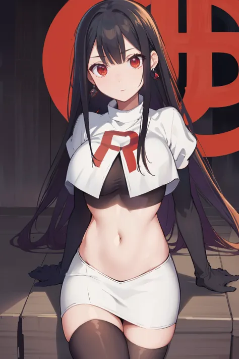 (extremely detailed CG unity 8k wallpaper),(masterpiece),(best quality),(ultra-detailed),(best illustration),(best shadow),(absurdres),1girl,solo,Chihara ,black hair, red eyes, breasts, earrings, navel, jewelry, long hair, team rocket,team rocket uniform,w...