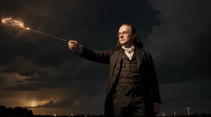 Benjamin Franklin stands in a field during an electrical storm, flying a kite tethered to a string. With focus, he watches the kite hover in the air as atmospheric electricity accumulates. A key hangs at the end of the string, and Franklin awaits the oppor...