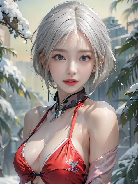 (photorealistic:1.5, highest quality,masterpiece,High resolution,muste piece),snow mountainに立つ1人の23歳の女性,(Red string bikini swimsuit:1.5,sunglasses:1.5,Down jacket:1.3,Choka), beautiful skin, (looking at the camera:1.2),(Photo seen from the front bottom:1.3...