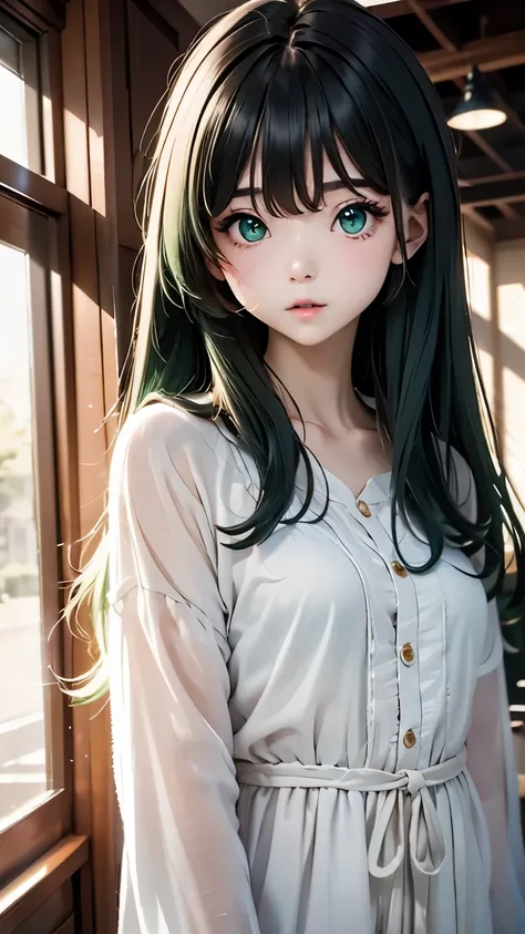 one girl、１６talent、dark green hair、dark green eyes、hair in the wind、messy hair、pure white background、dark green clothes、tunic、 fi...