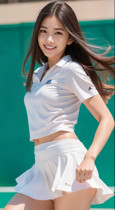 (8K, highest quality, masterpiece: 1.2), (realistic, realistic: 1.37), Super detailed, 1 girl, 18-year-old, White undercoat、、white panties、beautiful panties、big, beauty, cute, smile, alone, tennis wear, mini skirt, White undercoat、beautiful thighs、Beautifu...