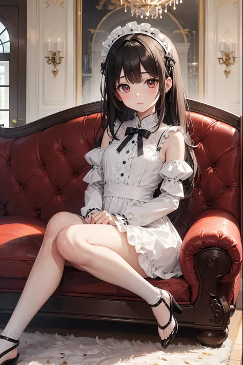 In a stylish room、(Girl&#39;s costume like a bisque doll:1.1)An adorable girl is sitting wearing。 A charming ensemble、ruffled collar and cuffs、and his youth々Featuring delicate lace details that accentuate its innocent look.。her hair is perfectly styled、It ...