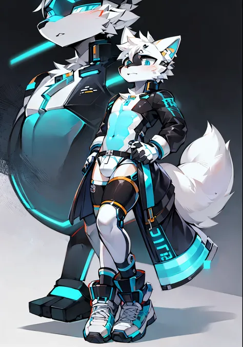 full body，Synthetic Shota the white fox wearing only bulge，((chastity cage))，robot，Synthetics，Synthetic sneakers，Robot joints，mecha head，mecha ear，mecha body