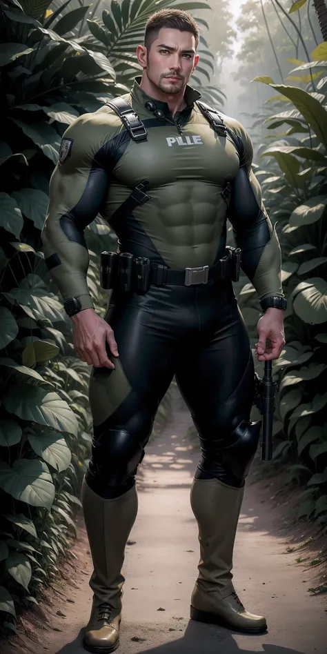 Very tall giant muscular police officer.,Light khaki camouflage uniform,character idea(Resident Evil - chris redfield,chris redfield)senior police officer,Wearing a light khaki camouflage diving suit,Matte texture,regular symmetrical texture pattern,Standi...