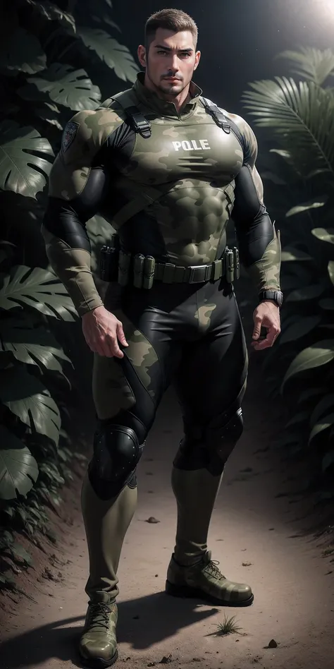 Very tall giant muscular police officer.,Light khaki camouflage uniform,character idea(Resident Evil - chris redfield,chris redfield)senior police officer,Wearing a light khaki camouflage diving suit,Matte texture,regular symmetrical texture pattern,Standi...