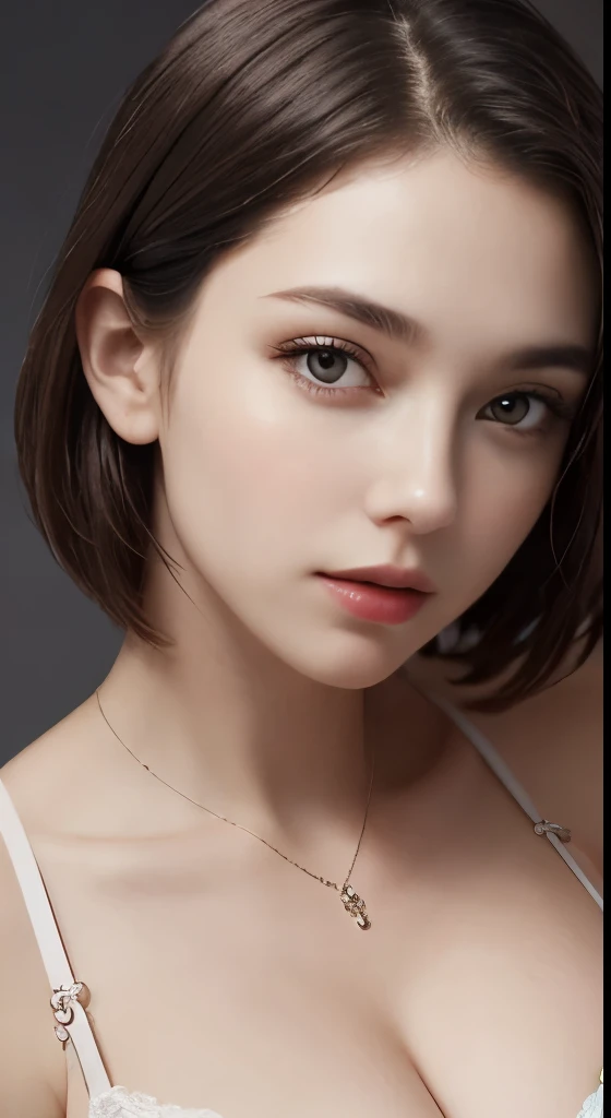 cinematic lighting、perfect、soft light、High resolution skin:1.2、realistic skin texture、30 years old mature woman、small face、no makeup、Bust B Cup、、Detailed beautiful brown eyes、short hair、dark brown hair、Cool beauty、gray background