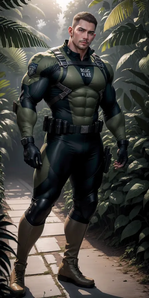 Very tall giant muscular police officer.,Light khaki camouflage uniform,character idea(Resident Evil - chris redfield,chris redfield)senior police officer,Wearing a light khaki camouflage diving suit,Matte texture,regular symmetrical texture pattern,Standi...