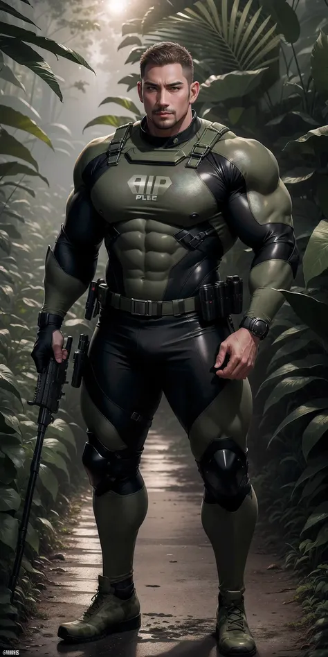 Very tall giant muscular police officer.,Light khaki camouflage uniform,character idea(Resident Evil - chris redfield,chris redfield)senior police officer,Wearing a light khaki camouflage diving suit,Matte texture,regular symmetrical texture pattern,Standi...