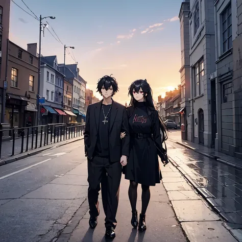 a man together with a woman (eye red) in casual clothes, walking in a modern city at sunset