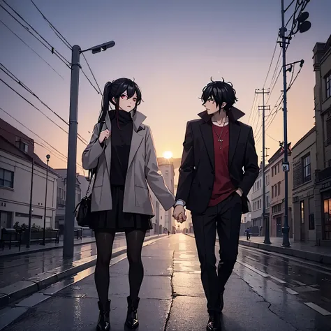 a man together with a woman (eye red) in casual clothes, walking in a modern city at sunset