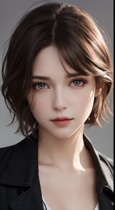 cinematic lighting、perfect、soft light、High resolution skin:1.2、realistic skin texture、30 years old mature woman、small face、no makeup、Bust B Cup、、Detailed beautiful brown eyes、short hair、dark brown hair、Cool beauty、gray background