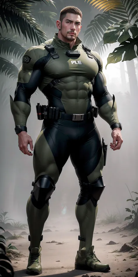 Very tall giant muscular police officer.,Light khaki camouflage uniform,character idea(Resident Evil - chris redfield,chris redfield)senior police officer,Wearing a light khaki camouflage diving suit,Matte texture,regular symmetrical texture pattern,Standi...
