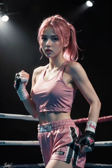 best quality, masterpiece, (photorealistic:1.4), 1girl, serious, boxing attire, pink hair, waist up, dramatic lighting, 