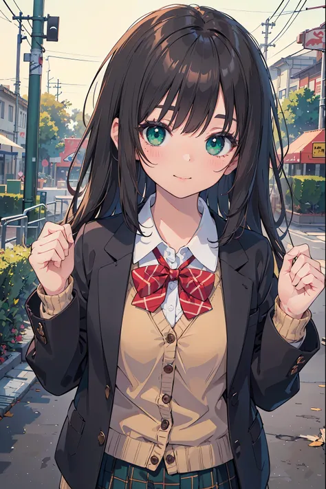 ((masterpiece, best quality, highres, UHD, perfect pixel, depth of field, 4k, RTX, HDR))), 1girl, single, solo, beautiful anime girl, beautiful artstyle, anime character, ((long hair, bangs, brown hair, curly hair:0.5)), ((green eyes:1.4, rounded eyes, bea...