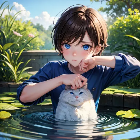 brown haired with blue eyed little boy who sulking with blue eyed cat in the pond