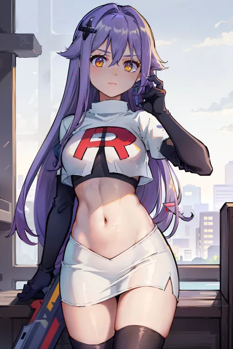 masterpiece, best quality, best 8k wallpaper,
1 girl, cowboy shot, long hair, purple hair, bangs, yellow eyes, earrings, hair between eyes, hair ornament,team rocket,team rocket uniform,white skirt,red letter R,crop top,black thigh-highs,black elbow glove...