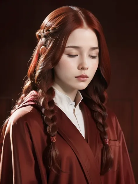 red hair color, long hair, closed eyes, front view, red twin braids, wearing a brown robe, cowboy shot