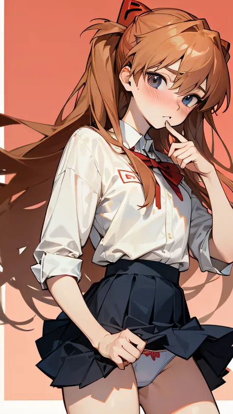 ((Best quality)), ((masterpiece)), (detailed), perfect face, asuka langley, , skirt, shirt, embarrassed, Looking at the viewer, Schooling, underwear, Panties, blush