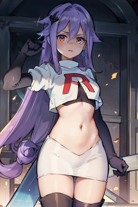 masterpiece, best quality, best 8k wallpaper,
1 girl, cowboy shot, long hair, purple hair, bangs, yellow eyes, earrings, hair between eyes, hair ornament,team rocket,team rocket uniform,white skirt,red letter R,crop top,black thigh-highs,black elbow glove...