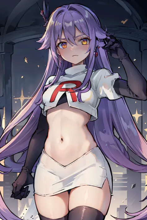 masterpiece, best quality, best 8k wallpaper,
1 girl, cowboy shot, long hair, purple hair, bangs, yellow eyes, earrings, hair between eyes, hair ornament,team rocket,team rocket uniform,white skirt,red letter R,crop top,black thigh-highs,black elbow glove...