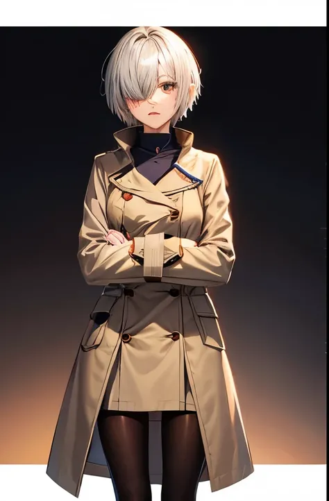 A 18 years old Japanese yandere((loves someone extremely)) lady(( small breast, slender)),(( folded her arms on her breast )), silver very short hair(( hair over one eye:1.4))(( much shaggy forelock)), hip length blue tunic , maximum length winter coat((be...