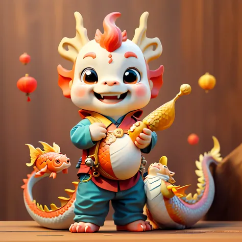 Chinese dragon,The background is casual,Delicate picture quality,HD,The expression smiled,wooden dragon baby,Holding a carp