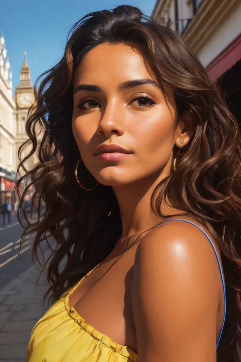 Photo of a Peruvian woman in the background, realistically painted, ((Detailed figure:1.2)), ((London wavy brown hair)), ((Street scene: 16:9 ratio)), ((Distinct facial features)), ((finely detailed skin: 8K resolution)), ((Brown toned skin)), Erratic ligh...