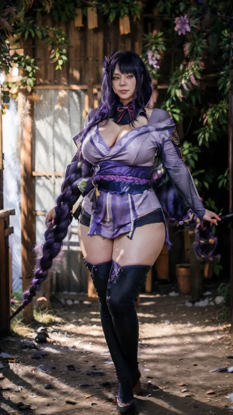 (Real anime age: 42 yo MILF), best quality,masterpiece,8k wallpaper,absurdres, highres, ultra detailed, (1 beautiful milf, solo:1.1),raiden_shogun_in_genshin, cowboy shot, 1girl, (purple very-long loose braided hair), (fleshy thicc body), (I have thicc arm...