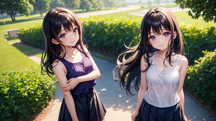 very cute girl、(girl、)、dark brown hair、cowboy shot、Violet eyes、smile、Crystal clear white skin、Navy blue tank top、navy blue blitz skirt、whole body、grassland、8K、4K、high resolution、Fine-grained、2 girls
。