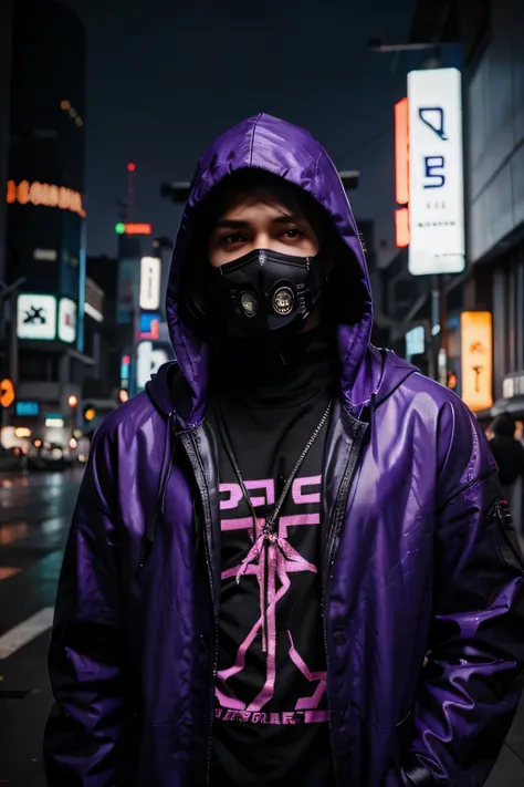 personagem masculino, encapuzado, Ciberpunk, neon purple, mascarar