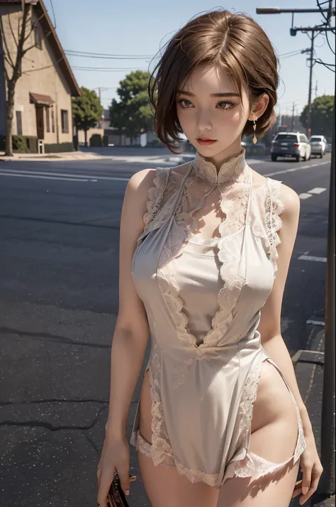 Beauty upper body photo, Playing with mobile phones in the middle of the road, [perspective](Short lace camisole vest:1.47), Natural breasts, medium breasts, (Willow Yao, perfect body curves), earrings, sharp focus, (tall figure, adult women), ((Looking in...