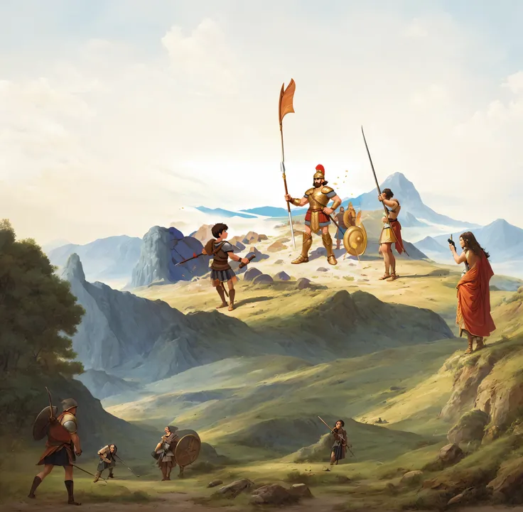 there is a picture of a man and a woman in a field, david and goliath, painting of goliath, epic full color illustration, by Juan OGorman, bible illustration, petros and leonid, holding a shield and gladius, by Scott M. Fischer, holding a spear, holding hi...