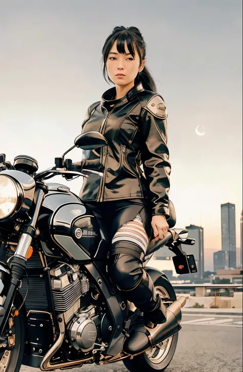 highest quality, masterpiece, photograph, 4K, photographrealistic, very detailed,
One girl riding a motorcycle, tech wear, cyberpunk city, alone, futuristic, Huge moon in the background, black and white, by Akira Toriyama, close,
